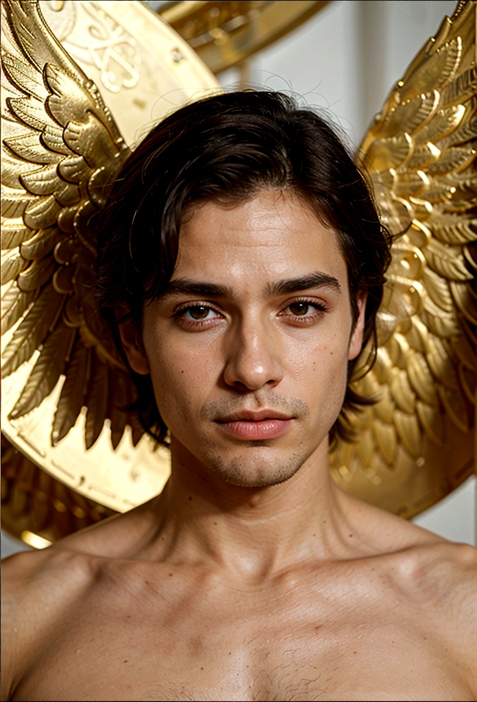 Homem romano realista beleza masculina nariz fino labios carnudos queixo qyadrado diamante. With angel wings on golden heads