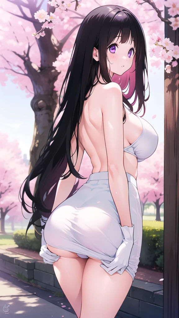 Amazing Chitanda, There is only one beautiful girl,Purple Eyes, Black Hair, Very red face,Very white skin,Glowing skin,Skin as delicate as porcelain,Naturally straight hair, Straight bangs,Extremely refined,Open lips,Long flowing hair,Beautiful Girl, Like a dream,Slim,Slim waist,Soft, (Sensual), (Kawaii), Dream quality,Beautiful big breasts,Transparent loose skirt,Areola,Completely naked,White gloves,Flower decoration,Deep V neckline,Loose neckline,Wide neckline,Walking in school,Place your hands on your inner thighs,Thighs clamp hands,Sweaty and sweaty,Underwear Rain,Next to the cherry blossom trees,Back to,Lean over,Hips,Side body,Gluteal groove,Completely naked的臀部,Bare back,Completely naked的背部,Light transmission,(no pants),nopan,pussy juice,Bare shoulders,Bare neck,Exposed collarbone,Exposing breasts,Exposing breasts侧面,Exposing breasts下面,Show your waist,Show your buttocks,Show your thighs,Exposing the groin,(No pants),extremely shy,Ultra-high resolution, (masterpiece:1.2, best quality), (Delicate and beautiful eyes: 1.2), (Beautiful and delicate face)