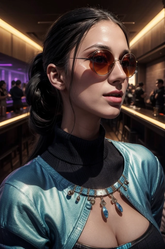 masterpiece, best quality, extremely detailed, hyperrealistic:1.1, photorealistic, a beautiful 20s russian model, ultra detailed face:1.1, sunglasses on head:1.1, blue turtle neck sweater, lower ponytail, black hair, at nightclub:1.2, nightclub light:1.1, party, music club, people dancing on the dance floor background, underground danceclub, laughing, eye closed
