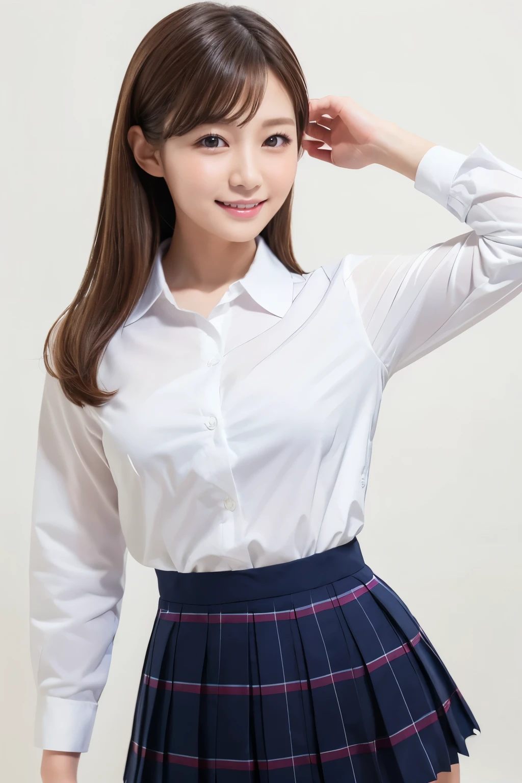 (Highest quality、Tabletop、8k、Best image quality、Award-winning works)、Cute school girl、(White polyester collared shirt:1.1)、(Navy Pleated Skirt:1.1)、Girl portrait photography、Glowing Skin、Brown Hair、Standing Elegantly、(The simplest pure white background:1.1)、(Large Breasts:1.1)、(Accentuate your body lines:1.1)