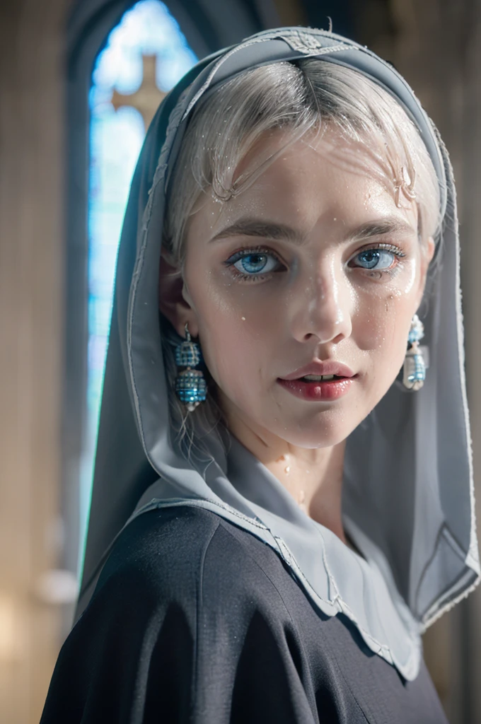 1. Beautiful beautiful women - Scandinavian European look (Looks like the most beautiful Japanese girl), ((Highest quality, 8k, masterpiece:1.Letty Woman, 1 female, Average chest:1.3, Slim body:1.1, The long, lush, white hair of Niveus, (shower, Wet body, Wet clothes:1.1), Highly detailed face, Detailed lips, Fine grain, double eyelid, Detailed blue eyes, Amazing blue eyes with great detail, Gray Hair, At church , Inside the church , She wears a black hijab, Black Dress, Big beautiful earrings, Full body photo