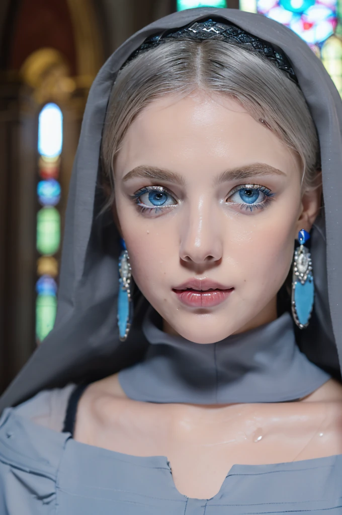 1. Beautiful beautiful women - Scandinavian European look (Looks like the most beautiful Japanese girl), ((Highest quality, 8k, masterpiece:1.Letty Woman, 1 female, Average chest:1.3, Slim body:1.1, The long, lush, white hair of Niveus, (shower, Wet body, Wet clothes:1.1), Highly detailed face, Detailed lips, Fine grain, double eyelid, Detailed blue eyes, Amazing blue eyes with great detail, Gray Hair, At church , Inside the church , She wears a black hijab, Black Dress, Big beautiful earrings, Full body photo
