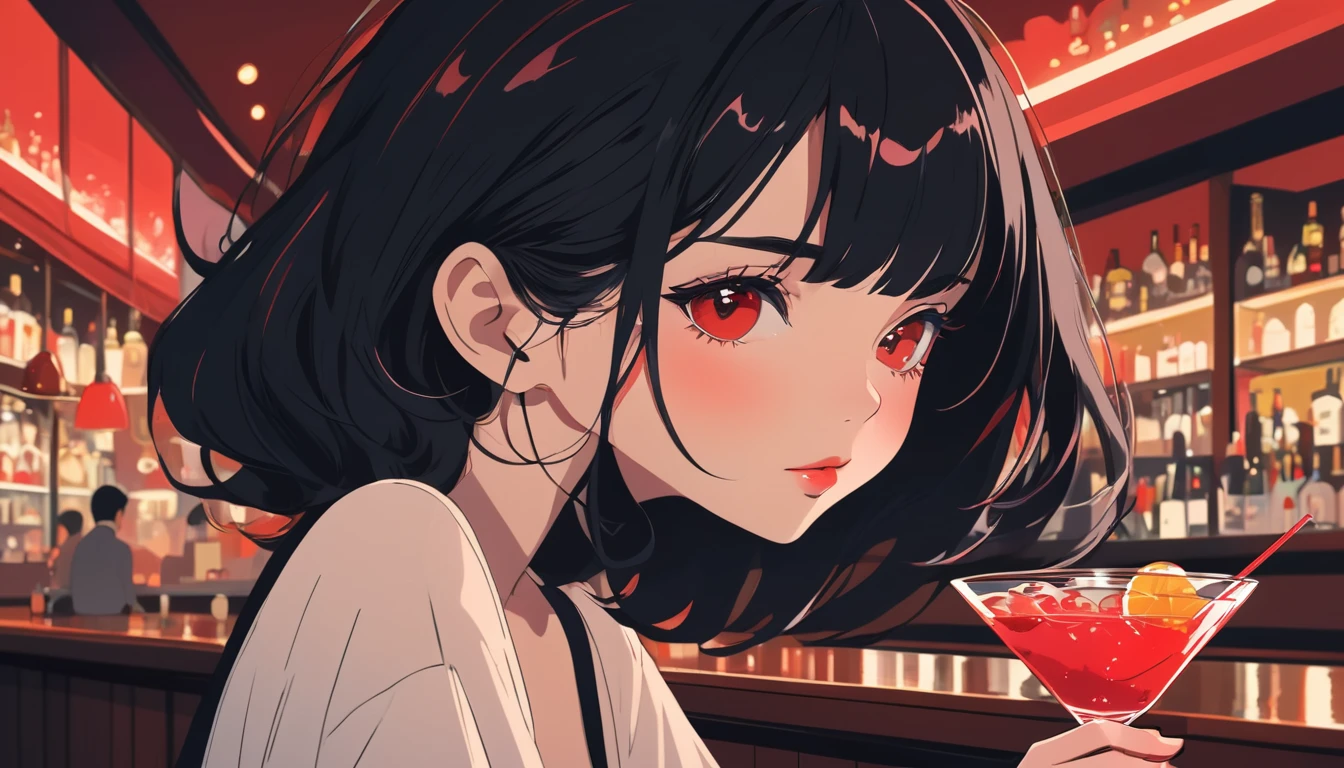 Beautiful black-haired woman,Red cocktail in a bar, Wide-angle lens, Lofi Anime, Lofi illustration, Aesthetic atmosphere, Lo-Fi Style, Vector art, Flat Design, Simple shape, Warm tones, Pleasant atmosphere, Chill, In anime style, Digital drawing, Vector art, Vector logo for t-shirt printing, (Adorable:1.5), (small:1.4), (Playful:1.2), (soft:1.3), (Whimsical:1.1), masterpiece, Highest quality, 8k, Intricate details, grow, Celestial, Mysterious, Picturesque, amazing, Majestic, Magic, Fantasy art, Cover art