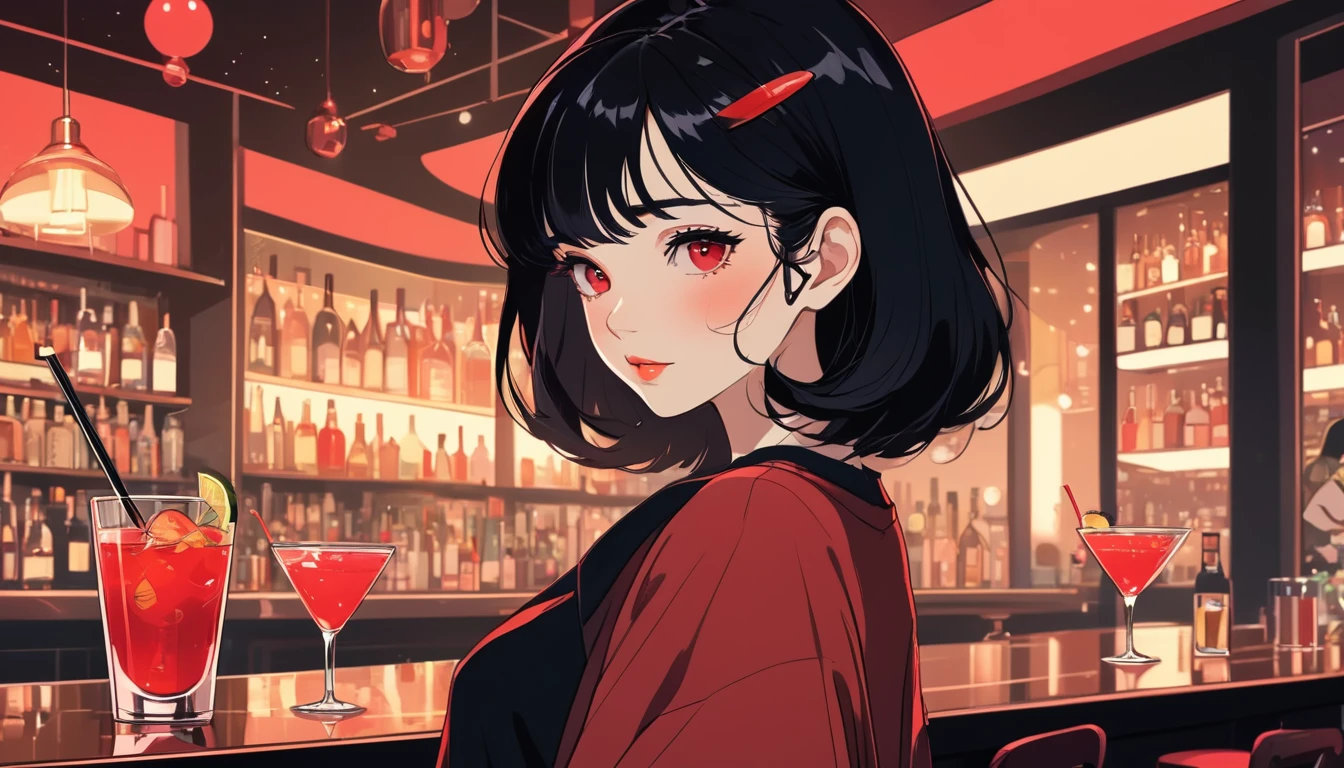 Beautiful black-haired woman,Red cocktail in a bar, Wide-angle lens, Lofi Anime, Lofi illustration, Aesthetic atmosphere, Lo-Fi Style, Vector art, Flat Design, Simple shape, Warm tones, Pleasant atmosphere, Chill, In anime style, Digital drawing, Vector art, Vector logo for t-shirt printing, (Adorable:1.5), (small:1.4), (Playful:1.2), (soft:1.3), (Whimsical:1.1), masterpiece, Highest quality, 8k, Intricate details, grow, Celestial, Mysterious, Picturesque, amazing, Majestic, Magic, Fantasy art, Cover art