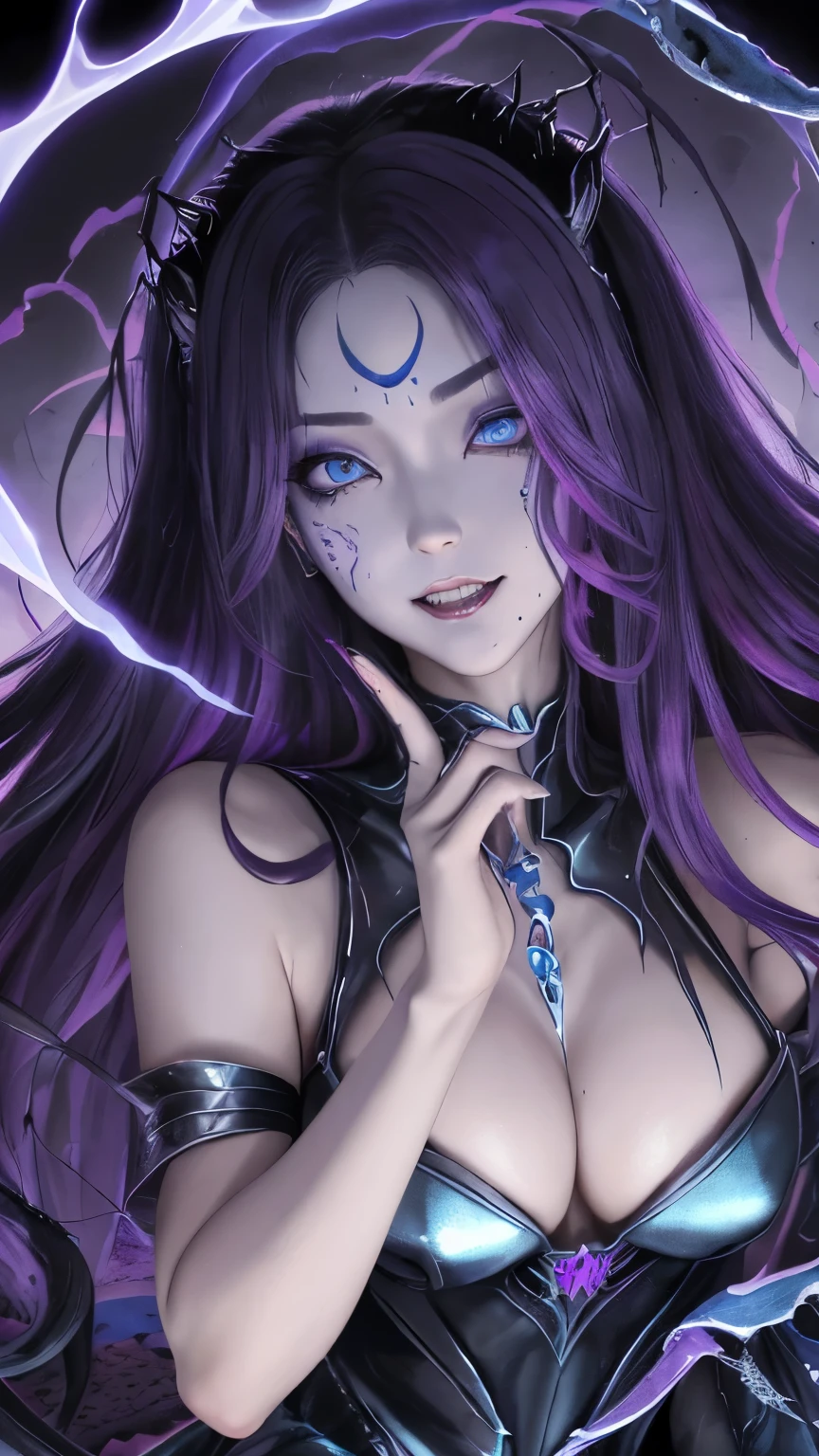 強力なスーパーevil女がクローズアップでポーズをとる, Goddess in black (Bare shoulders), Long, flowing purple hair, View your viewers, Highly detailed face, Perfect hands, Blue smoke swirling around her, evil事を愛する, Captivating blue eyes, Dark fantasy, Genuine, Symmetric, High detail, Esoteric arachnids lady, Spider Queen Elise, League of Legends, Esoteric arachnids, Combat Stance, ( body formed from metallic mauveine and metallic black liquid metallic paint twisting into a beautiful interpretation of the female figure), length, Sharp Fangs, nature, ((Complex metallic colors in the foreground)), (( Fluid Mechanics, The most beautiful smooth scale face makeup, Smirking expression)) - Dark blood, Onyxia、Noir painting of a beautiful young witch, length purple hair, dark purple lips, evil, evil female, smile, Black Prom Dress, She is coming to you, close, Bright Blue Eyes, Surrounded by swirling pink smoke, Genuine, High detail, Highest quality、A beastly demon wields a vicious blade, Blood Chain, Behemoth Bones, Snake-like tentacles, Cruel Teeth, Expressions of madness, Oppressive Dungeon. 8K Vision Reveals Fear, Ultra HD detail makes monsters stand out, Grotesque shadows dance, The creature whispers, Stifling atmosphere, Vision problems, Visible Madness. blade, evil意の閃光が輝く, reflect (Light) Beyond the Darkness, Elucidate (Sharp details) and、Add a dizzying dimension to the impending chaos.