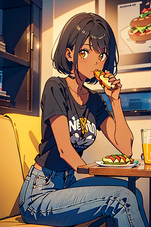 masterpiece, best quality, dark skin, short hair, yellow eyes, black hair, beautiful girl, thin, full body, casual black male t-shirt long sized, jeans pants, plan boobs, short boobs, small boobs, short chest, big butt, wide thigh, sitting, eating a hotdog