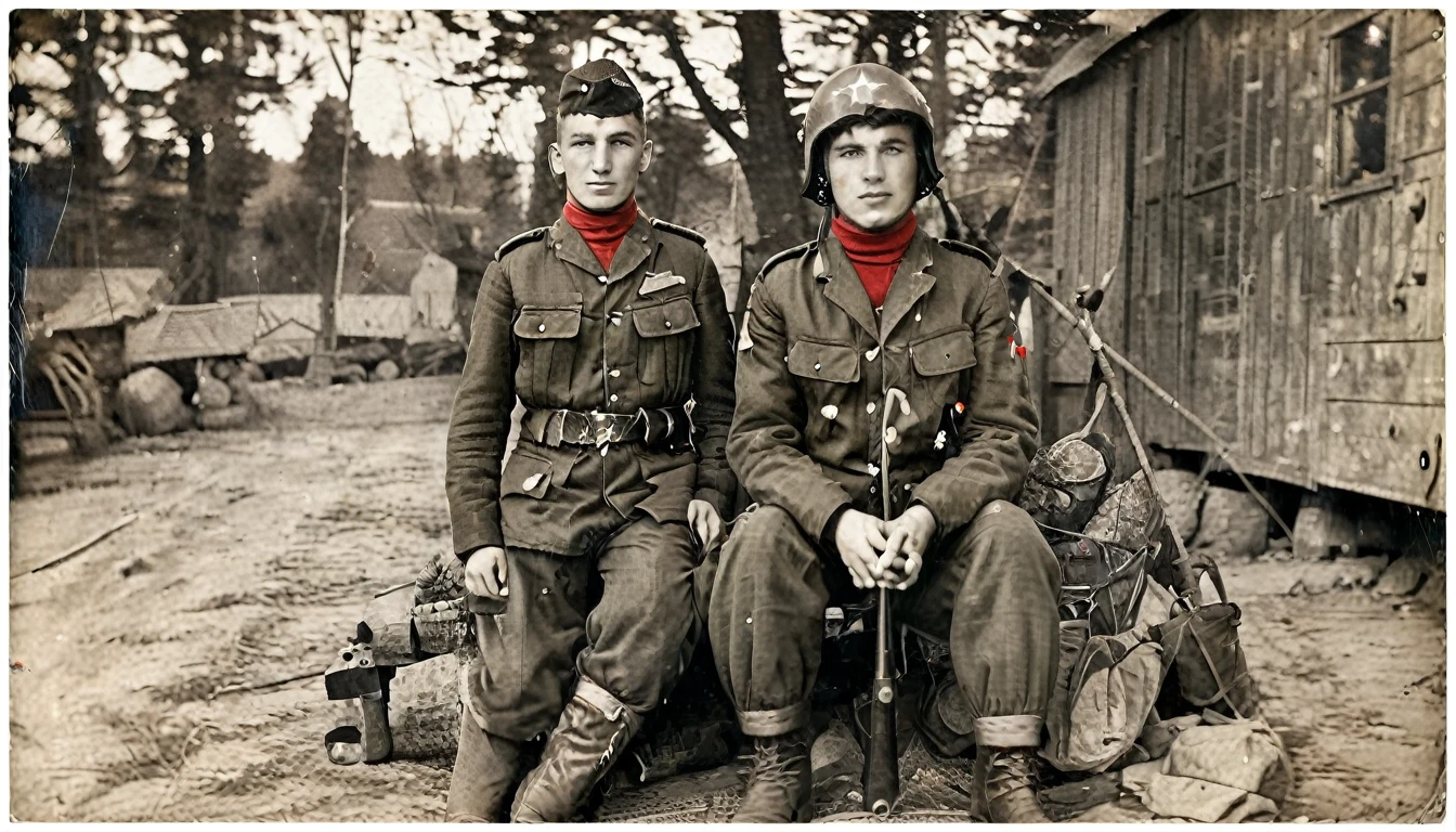 Year 1939, Young man aged 17-18 years , Dark green jacket, red turtleneck, The jacket has a red four-pointed star on the lapel..., Wearing a black vest throughout.., Wearing light green M35 Harovari pants..., Military boots, Soviet Pilotka side-mounted helmet.(clamp cap) There is a red star attached to it.., Eastern Slavs(Soviet Union), Soviet Union, World War II, ww2 old photos, World War 2, ww2 military camp