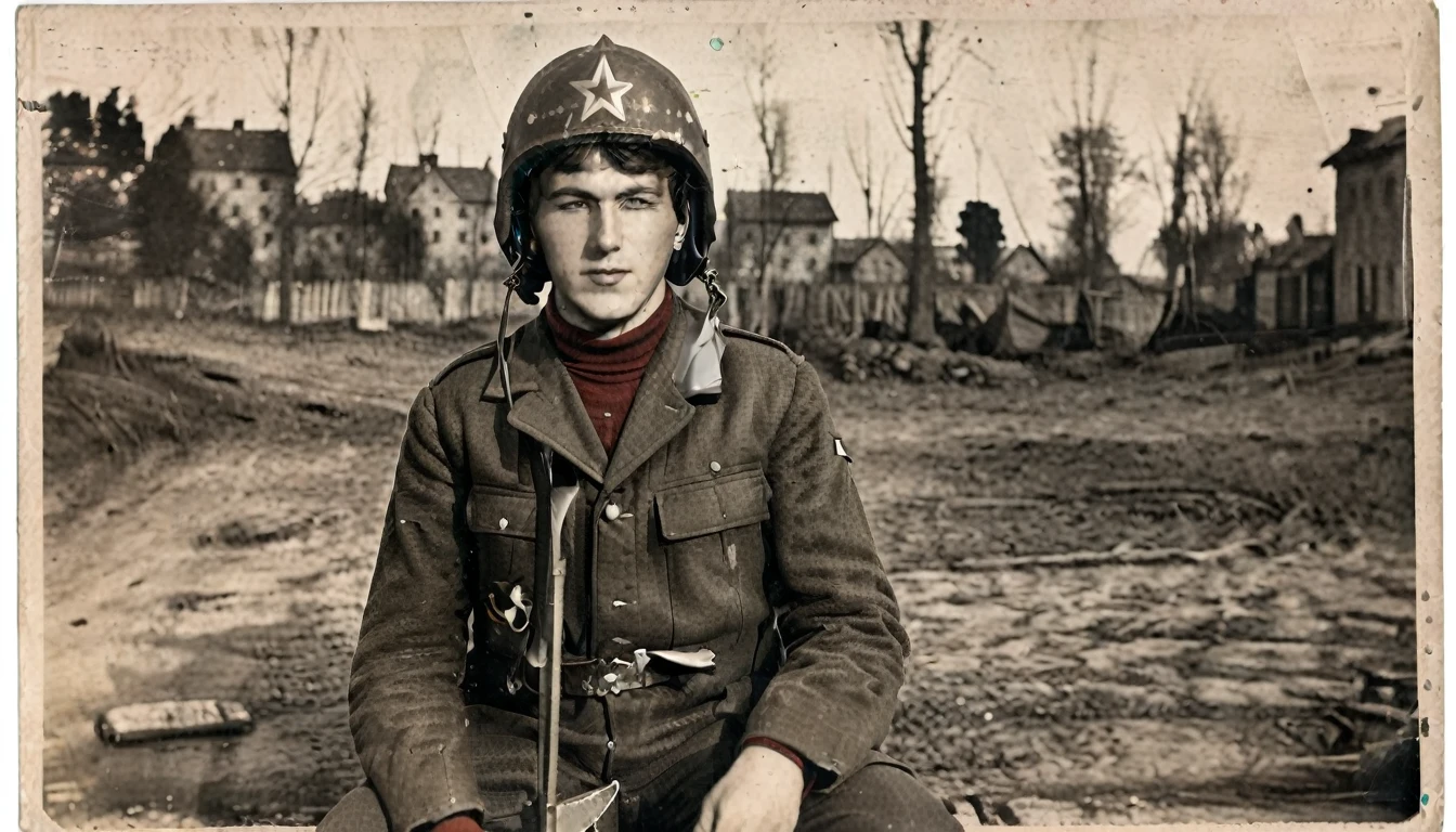Year 1939, Young man aged 17-18 years , Dark green jacket, red turtleneck, The jacket has a red four-pointed star on the lapel..., Wearing a black vest throughout.., Wearing light green M35 Harovari pants..., Military boots, Soviet Pilotka side-mounted helmet.(clamp cap) There is a red star attached to it.., Eastern Slavs(Soviet Union), Soviet Union, World War II, ww2 old photos, World War 2, ww2 military camp