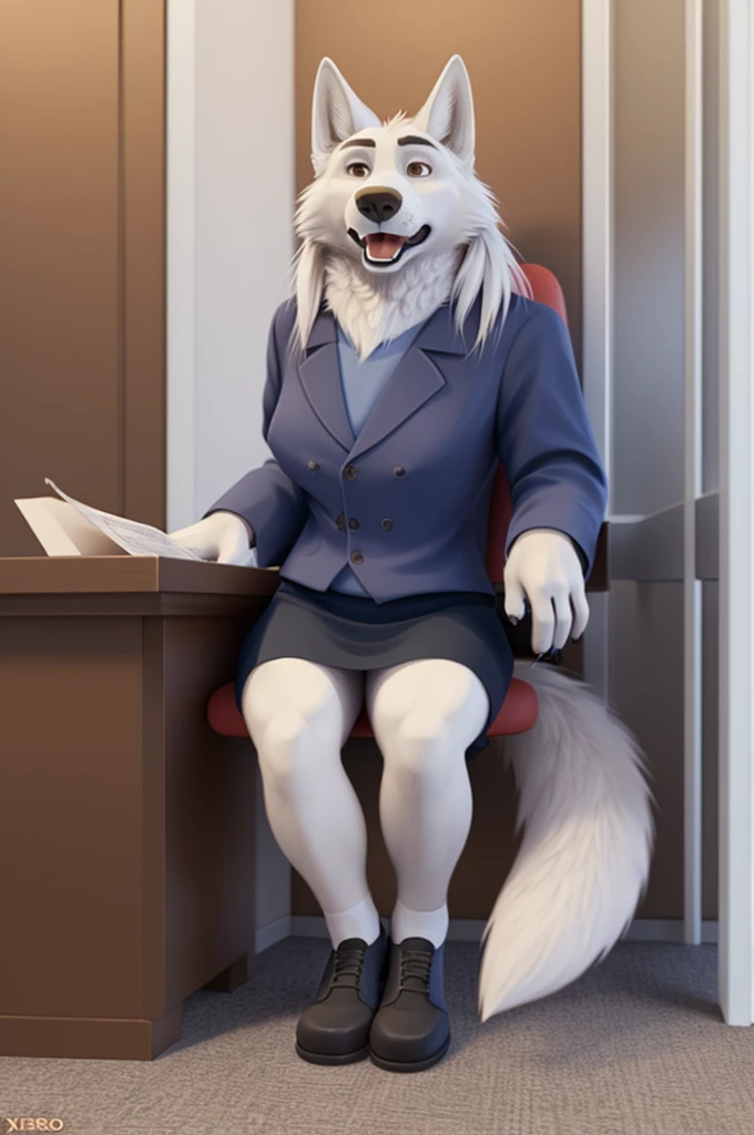 Barbara\(Moscow\), (white body:1.3), white fur, Brown eyes, Moscow, dressed, bank employee uniform,White shirt, длинная skirt, long hair,shoes,skirt, is sitting, canine, wolf, Detailed fur, Female, , antro, paw pads, finger claws, waving, waving at viewer, 5 fingers, paws, 4 toes,ring, bank office work, very close to the camera,
BREAK from nextel, for dating, by xenoforge, (difficult, high detail, film photography, soft focus, RAW is sitting, It's working,
Photorealism, realistic, photorealistic, digital style, Subsurface scatte,
masterpiece, Best quality, ultra realistic, 8 k)