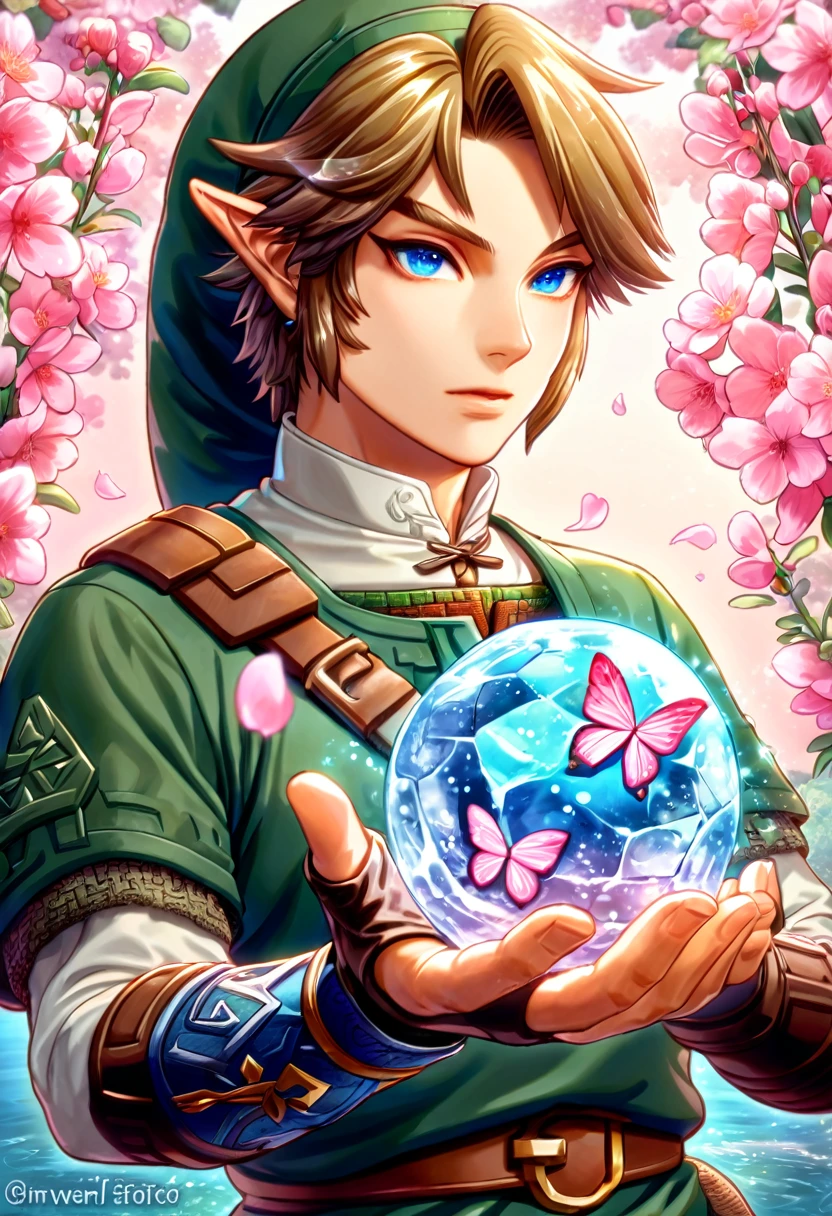 absurdres, highres, ultra detailed, HDR, master piece, best quality, Link, brown hair, expressive blue eyes, the legend of zelda twilight princess, solo, sexy man, handsome, green tunic, green hat, brown gauntlets, magical, fantasy, shining, pink flowers, pink blossoms, pink butterflies, pink petals, water