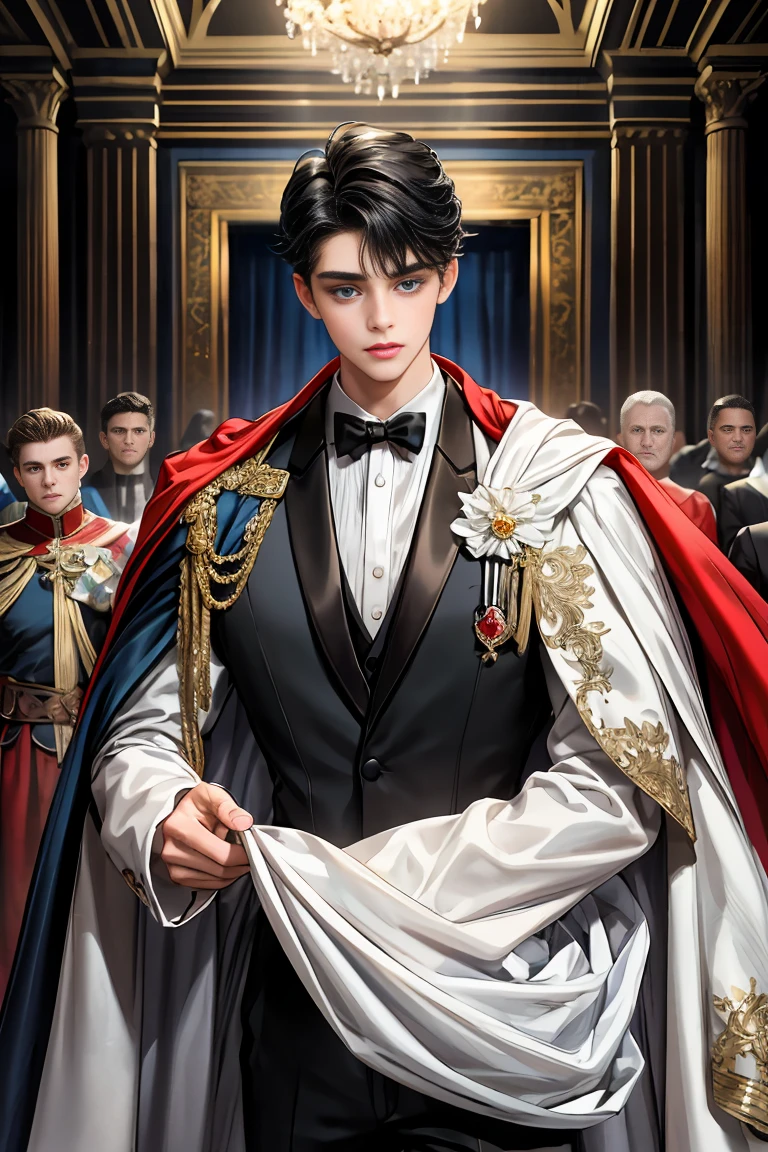 
masterpiece, 最high quality, high quality, 1 boy, alone, Male focus, Watching the audience,  Messy black hair, Adorable big blue eyes, White people, Noble, Noble,Sexy voluminous cape、Tuxedo、A very voluminous, large, very large, very large, long, long red and black cape with a high stand-up collar, reaching down to the floor, made of a lot of fabric., ,Cute beautiful boys,Cute, cute, kind, handsome guy