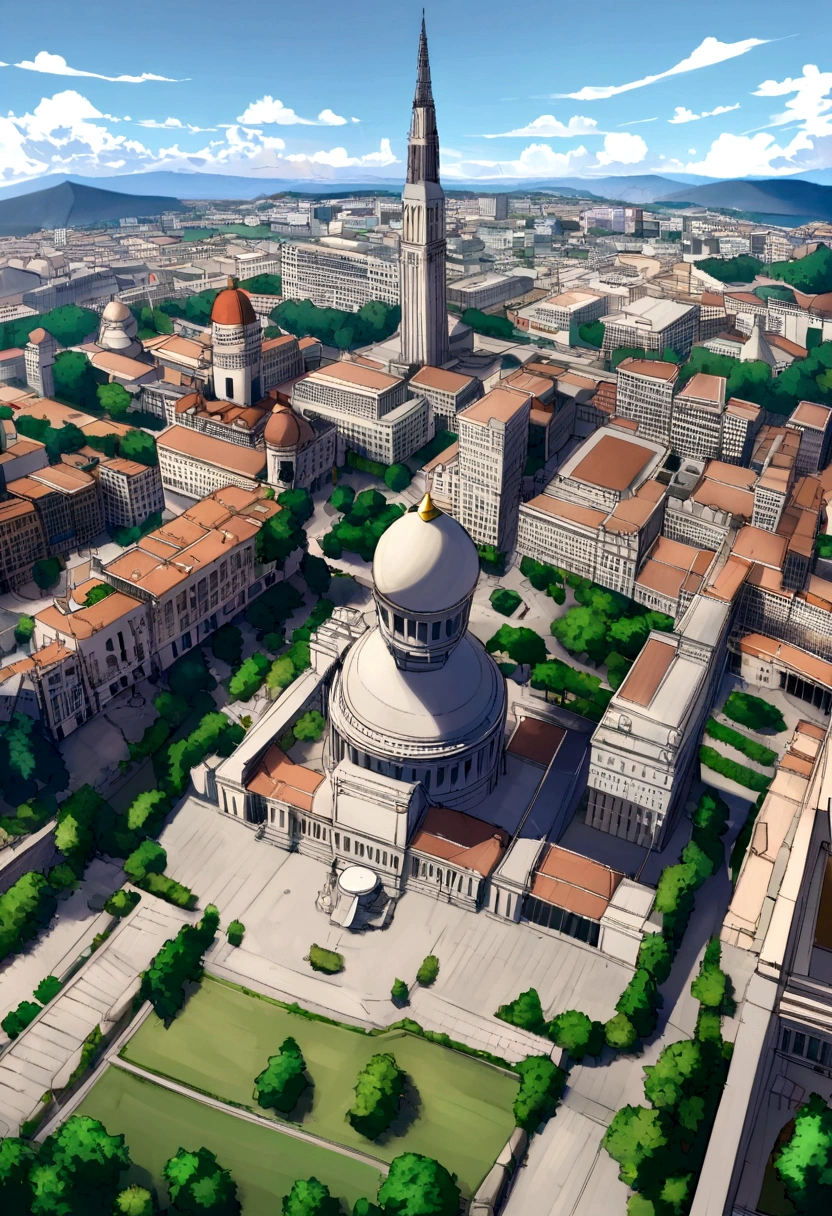 Barlavento is the capital and largest city of the Federative Republic of Agrião. Create a panoramic view of the city center, where you would find Independence Square, which is surrounded by the government headquarters buildings and, em lateral, along Avenida da República.