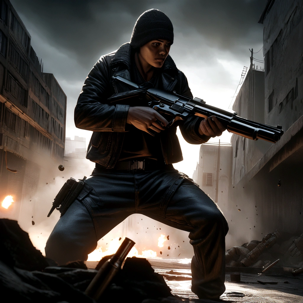 a bandit with a pistol, detailed firearm, bullet cartridges, intense gun battle, gritty urban environment, cinematic action scene, dark and moody atmosphere, dramatic lighting, high contrast, cinematic composition, hyper-detailed, photorealistic, 8k, unreal engine, dark and gritty, moody, dramatic, intense, action, thriller