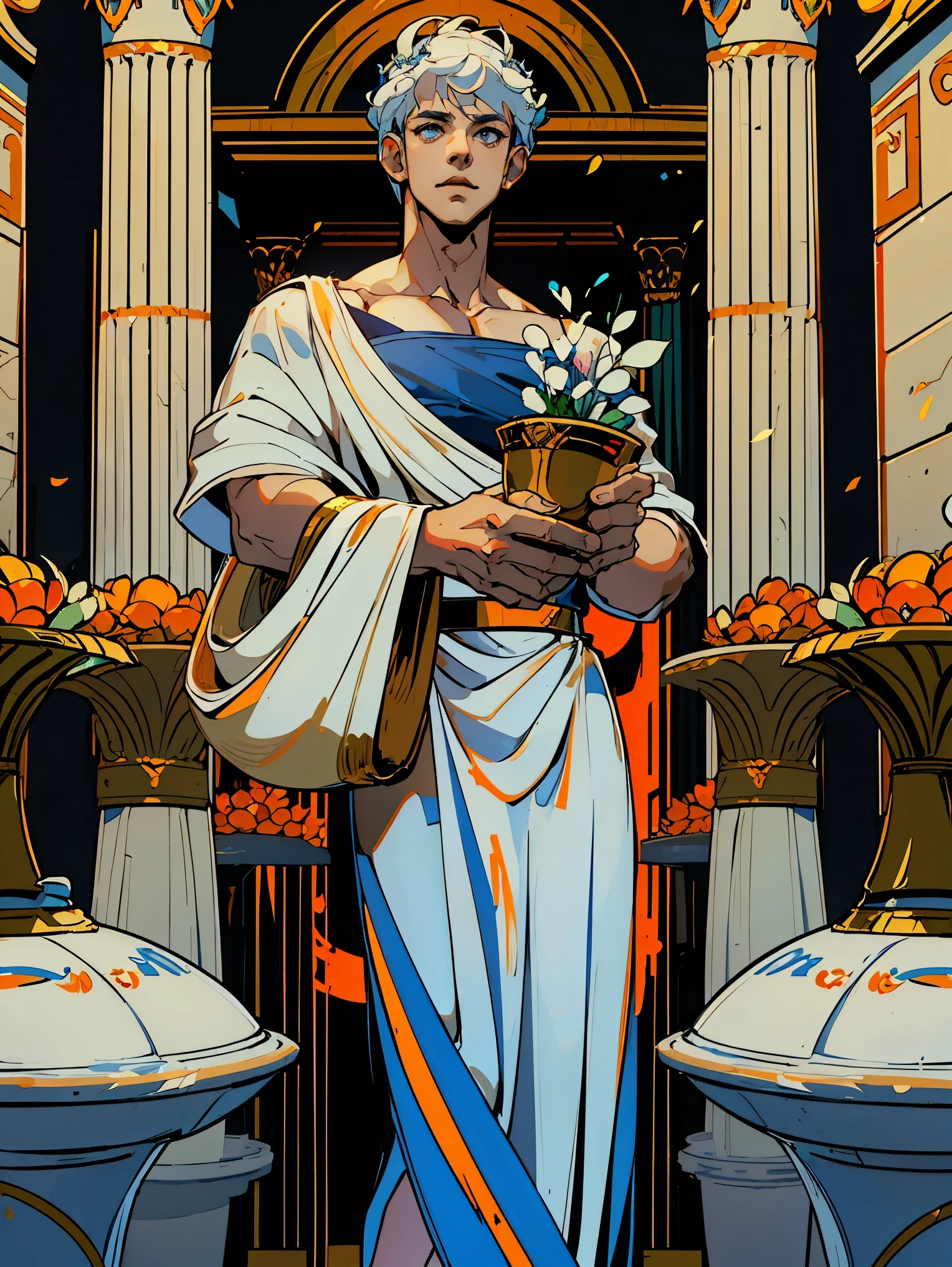 1boy, alone, 25 years old, young, white hair, blue eyes, insister sur les reflets des yeux bleus, cheveux blancs, mid lenght hair, bowl haircut, bowl hair cut, boss, formal business outfit, white outfit, arrogant look, hades style, hades game, Jen zee style, greek themed image, greek background, hypnos, tartarus scenery, fumes, greek columns in background, lots of columns, greek architecture, white themed image, white furniture, orange touches of color, orange walls, looking at viewer, holding an urn of value hades game wiki obols, hades, game, wiki, obols