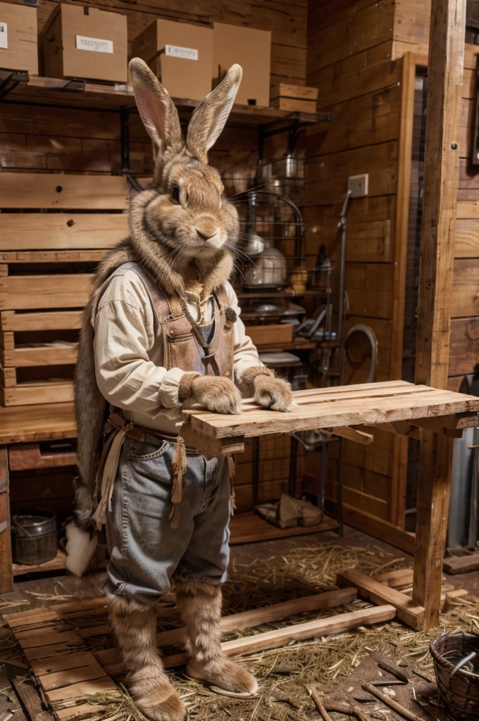 an anthropomorphic gray and tan rabbit inventor dressed like a native american working on a wooden device in a workshop, masterpiece, best, photo realistic