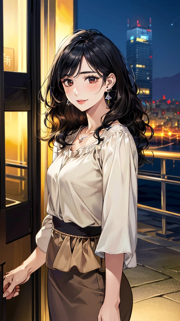 (masterpiece:1.3, Highest quality, Ultra-high resolution, Super detailed), (Realistic, photoRealistic:1.4), Beautiful illustrations, Perfect lighting, colorful, Depth of written boundary,
Beautiful detailed hair, Beautifully detailed face, Beautiful fine details, Beautiful clavicle, Beautiful body, 美しいLarge Breasts, Beautiful thighs, Beautiful feet, Beautiful fingers,
View Viewer、Front view:0.6, Beauty1人, Japanese, Beauty、30 years old, Perfect Face, (Perfect Anatomy, Anatomically correct), Cute and symmetrical face, Baby Face, , Shiny skin,
((Tan blouse:1.4)),((Long skirt 1.5))
(Black Hair, Medium Wavy Hair:1.4), Dark brown eyes, (Large Breasts), Slim body,
necklace, (Small earrings:1.3),
(Beautiful views), (night), (city, cityscape in the distance), Standing with good posture, A soft smile、(Smile, Lips parted),
