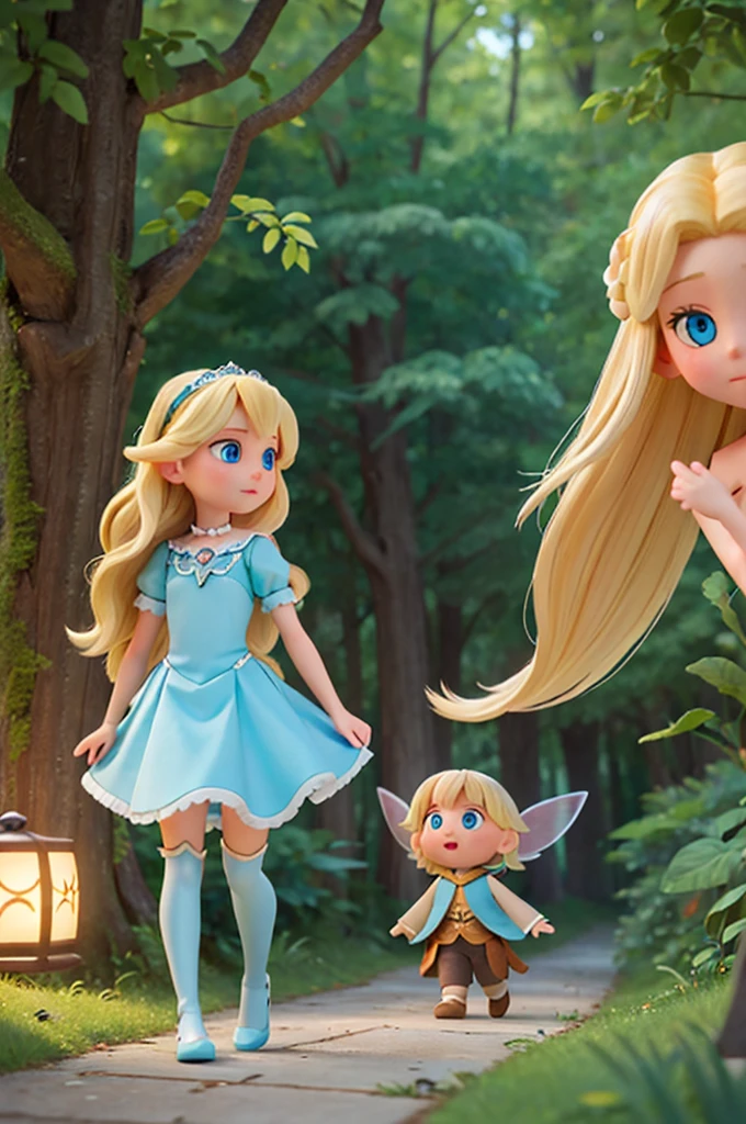 the with long blonde hair and light blue eyes follows the fairy with short blonde hair into the woods