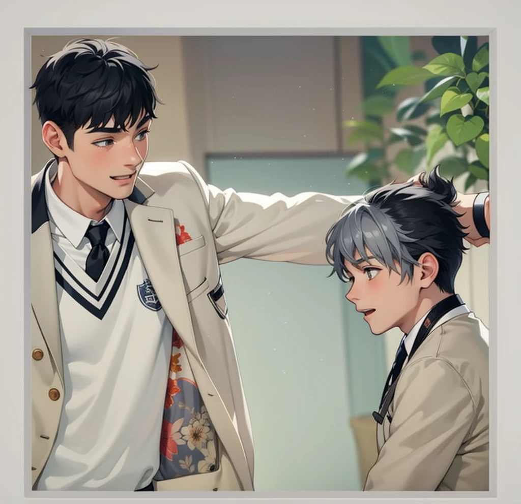 There are two boys with gray hair and gray eyes, they are happy playing, 18 years old.