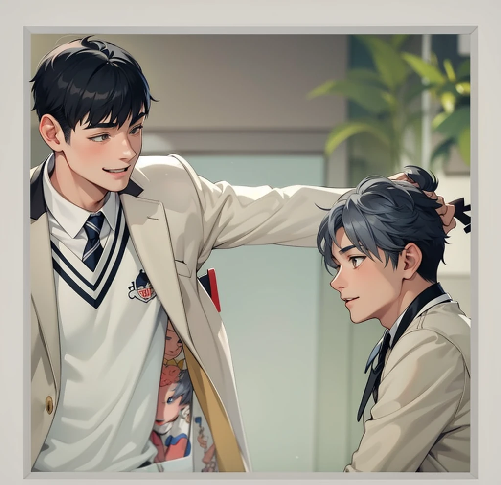 There are two boys with gray hair and gray eyes, they are happy playing, 18 years old.