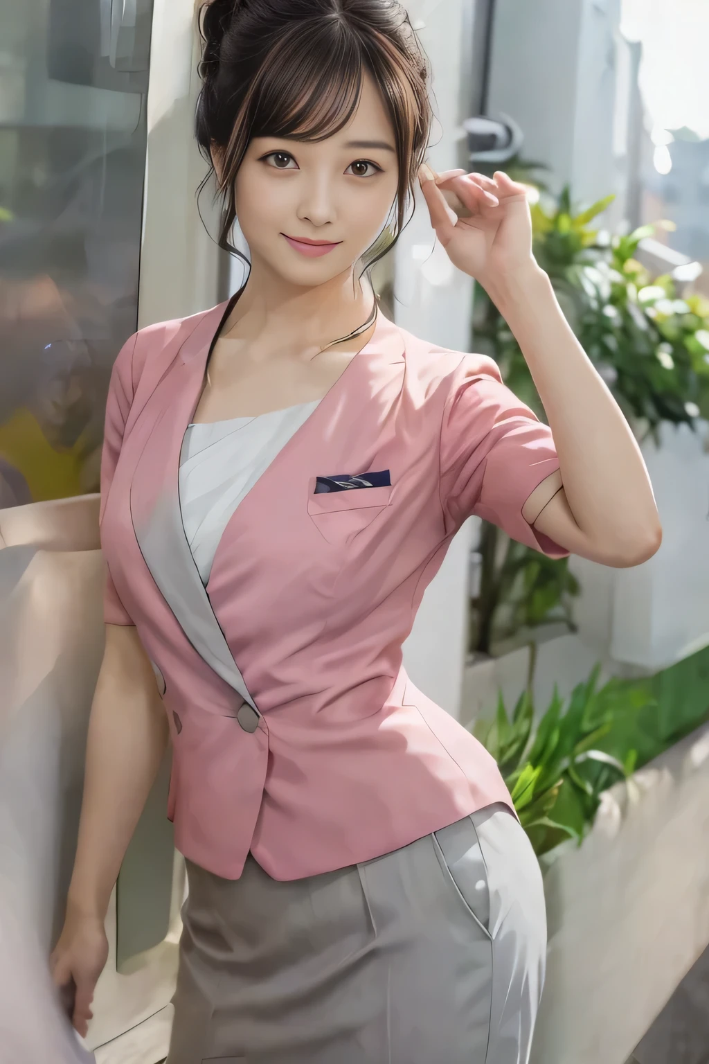 (masterpiece:1.2, Highest quality:1.2), 32K HDR, High resolution, (alone、1 girl)、 (Height: 160cm)、（On the rooftop of a building in the daytime、Professional Lighting）、Building rooftop background、（Nankai train crew uniform pinkを着たリアルスタイル）、（Nankai train crew uniform pink short sleeve collarless pink jacket、Nankai Train Crew Uniform Pink Collarless Short Sleeve Blouse、Nankai Train Crew Uniform Pink Grey Knee-length Culottes）、Dark brown hair、（Hair tied up、Hair tied up、Evening curly hairstyle）、Dark brown hair、Long Shot、Big Breasts、Thin legs、（（Great hands：2.0）），（（Harmonious body proportions：1.5）），（（Normal limbs：2.0）），（（Normal finger：2.0）），（（Delicate eyes：2.0）），（（Normal eyes：2.0））)、smile、（Nankai Train Crew Uniform Pink Grey Knee-length Culottesを見せた美しい歩く姿）、Place your hands around your stomach、Lanyard employee ID card