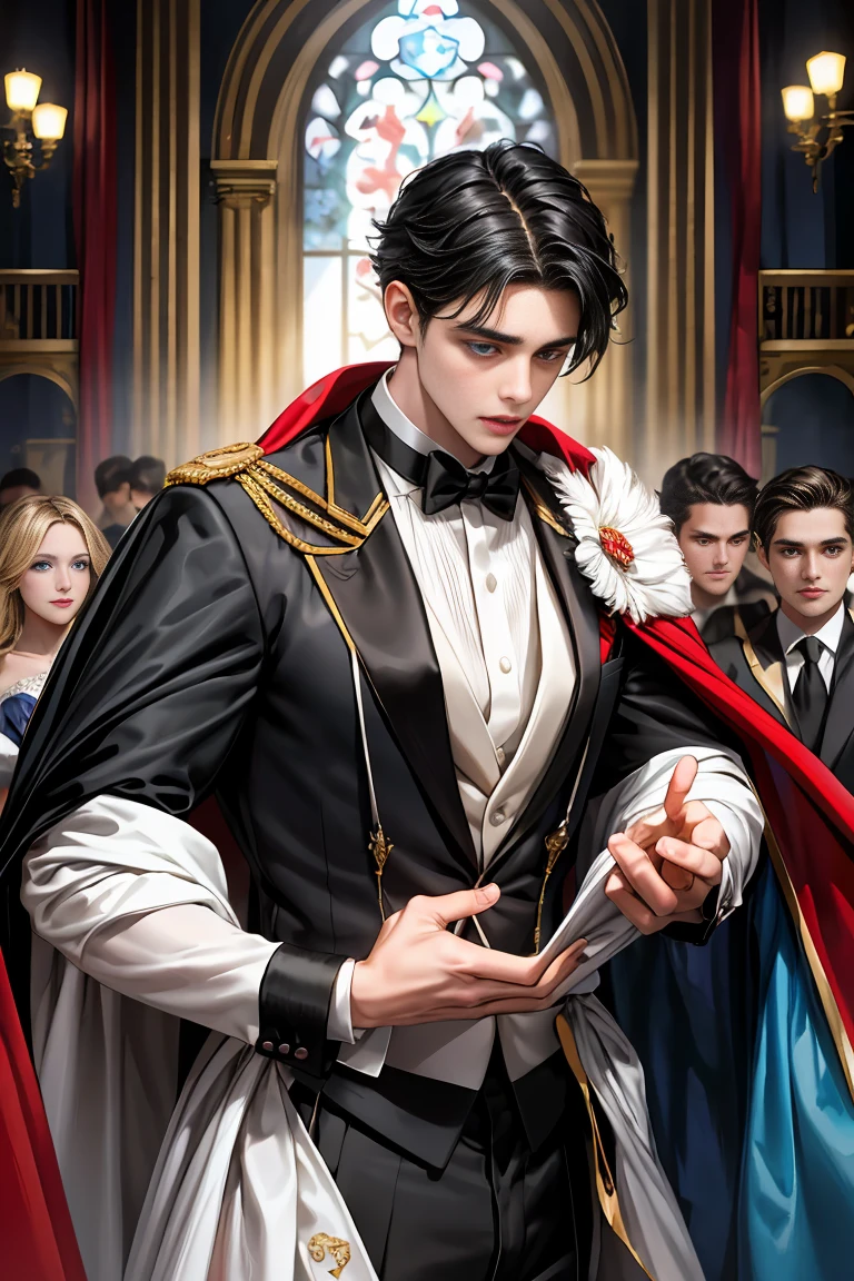 masterpiece, 最high quality, high quality, 1 boy, alone, Male focus, Watching the audience, Messy black hair, Adorable big blue eyes, White people, Noble, Noble,Sexy voluminous cape、Tuxedo、A very voluminous, large, very large, very large, long, long red and black cape with a high stand-up collar, reaching down to the floor, made of a lot of fabric., 17 years old,Cute beautiful boys,Cute, cute, kind, handsome guy