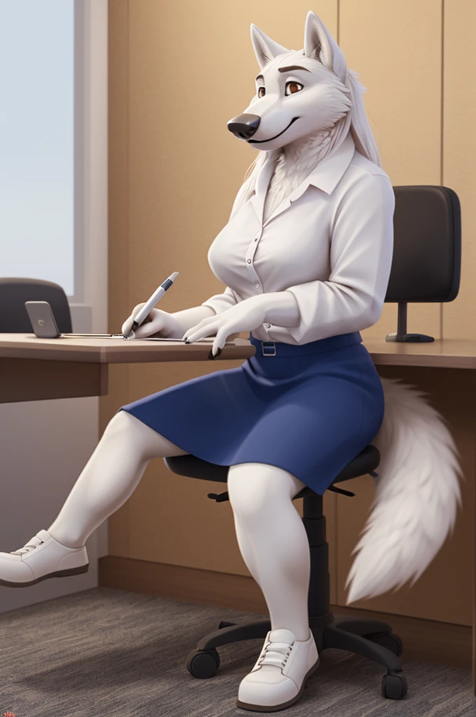 Barbara\(Moscow\), (white body:1.3), white fur, Brown eyes, Moscow, dressed, bank employee uniform,White shirt, long skirt, long hair,shoes, is sitting, canine, wolf, Detailed fur, Female, breast, antro, paw pads, finger claws, holding a pen, at viewer, 5 fingers, paws, 4 toes,ring, bank office work, 
BREAK from nextel, for dating, by xenoforge, (difficult, high detail, film photography, soft focus, RAW is sitting, very close to the camera, 
Photorealism, realistic, photorealistic, digital style, Subsurface scattering,
masterpiece, Best quality, ultra realistic, 8 k)