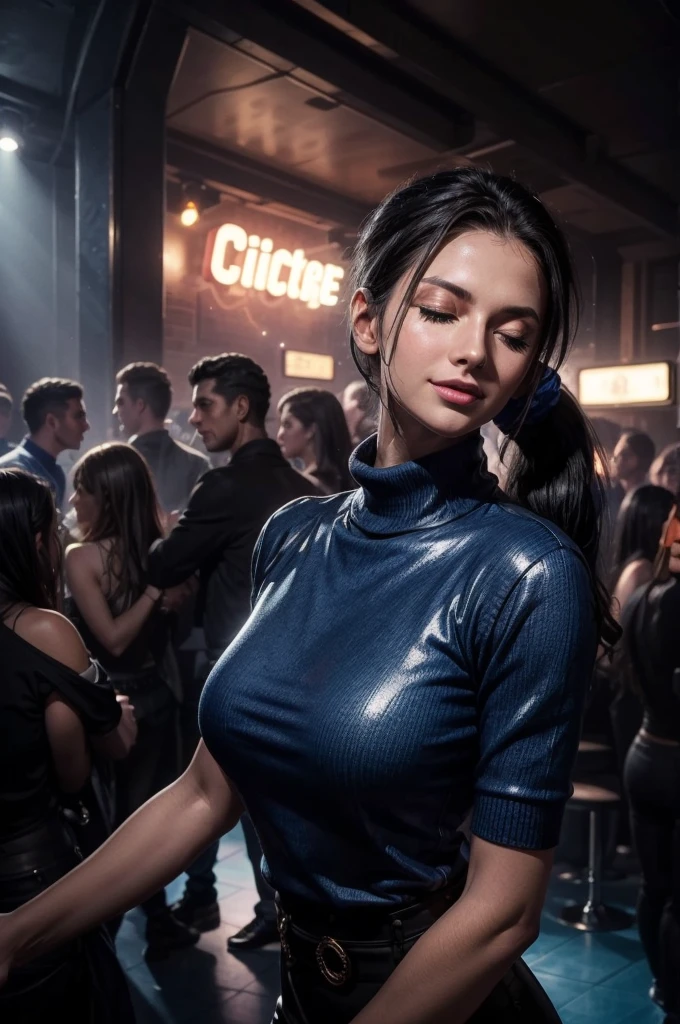 masterpiece, best quality, extremely detailed, hyperrealistic:1.1, photorealistic, a beautiful 20s russian model, ultra detailed face:1.1, sunglasses on head:1.1, blue turtle neck sweater, lower ponytail, black hair, at nightclub:1.2, nightclub light:1.1, party, music club, people dancing on the dance floor background, underground danceclub, laughing, eye closed
