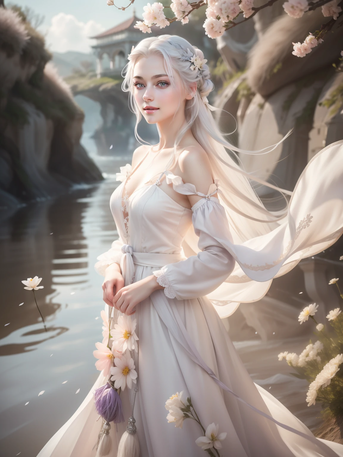 masterpiece, Great work, Daytime, Outdoor, Falling Flowers, White Dress, 1 girl, Perfect Woman, Woman with long silver and white hair, Gray Blue Eyes, Pale pink lips, cold, Severe, Van, Purple eyes, White clothes, Black Apparel Line, Delicate face, Graceful Face, Standing Bow, Tassel, The knot of happiness, smile