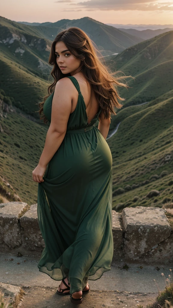 Rear view woman with bright brown disheveled hair, curvy body,  Wonderful big eyes and plump lips, stands on top of a mountain and looks at the landscape. She is dressed in a long chiffon dress, flowing, Flying dark green dress, Sunset