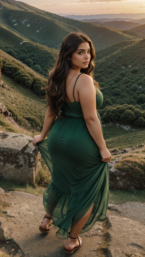 Rear view woman with bright brown disheveled hair, curvy body, Wonderful big eyes and plump lips, stands on top of a mountain and looks at the landscape. She is dressed in a long chiffon dress, flowing, Flying dark green dress, Sunset