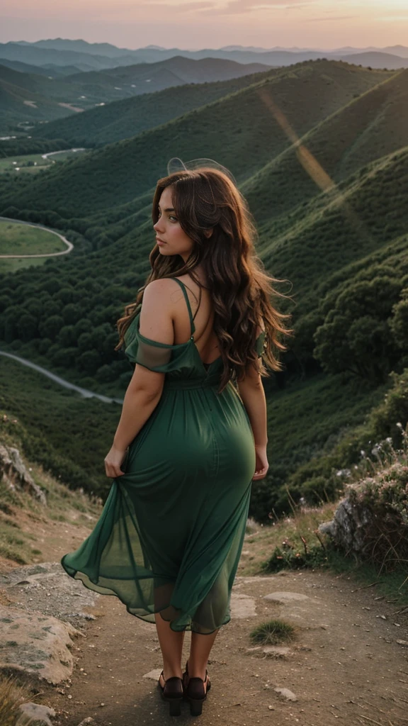 Rear view woman with bright brown disheveled hair, curvy body,  Wonderful big eyes and plump lips, stands on top of a mountain and looks at the landscape. She is dressed in a long chiffon dress, flowing, Flying dark green dress, Sunset