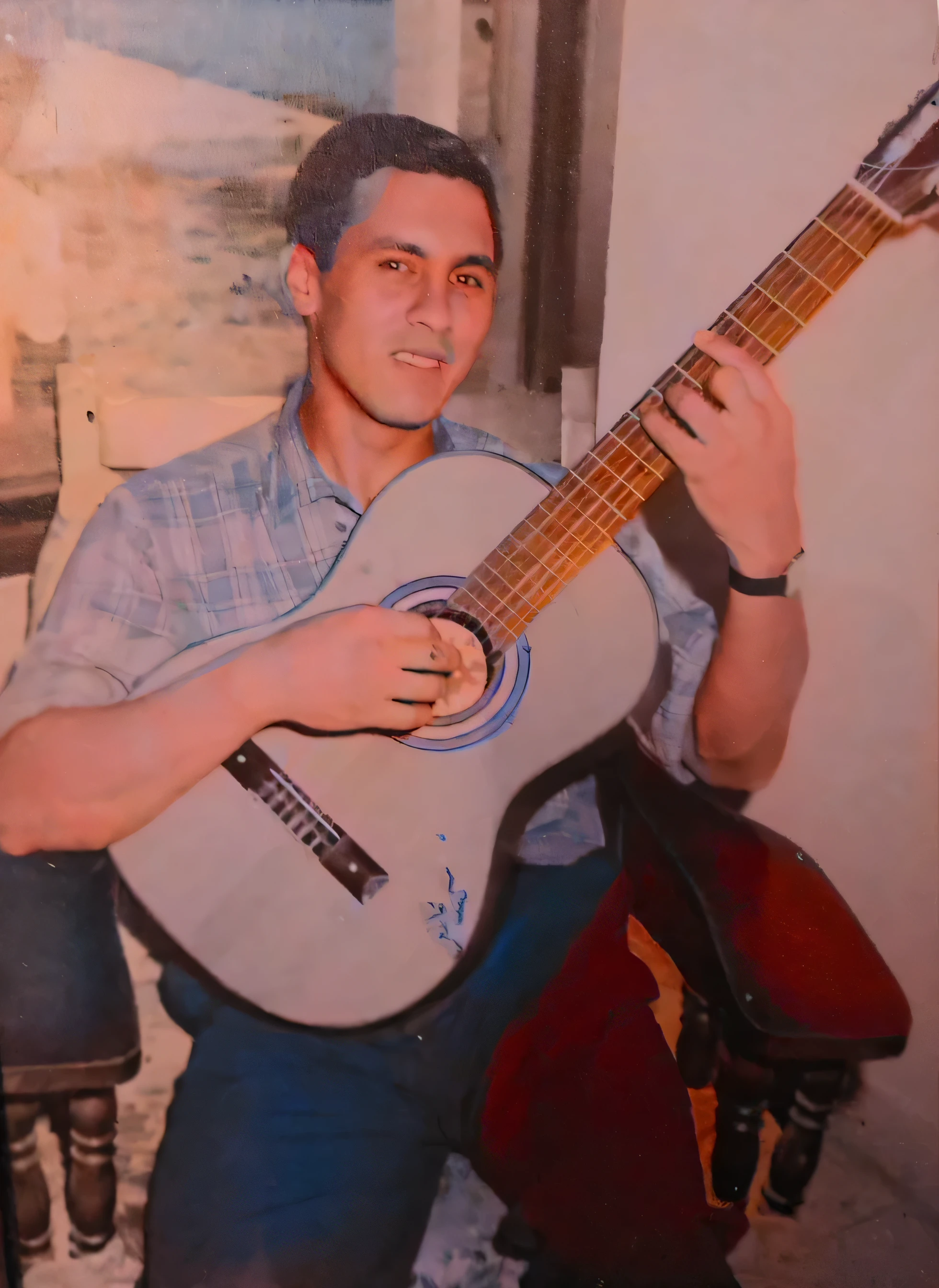 hombre arafed sentado en una silla sosteniendo una guitarra frente a una ventana, carmelo blandino, a foto coloreada, coloreado, inspired by Agustín Fernández, jose miguel roman frances, inspired by Benito Quinquela Martín, foto coloreada, Caio Santos, tocando la guitarra, inspired by Carlos Saenz de Tejada