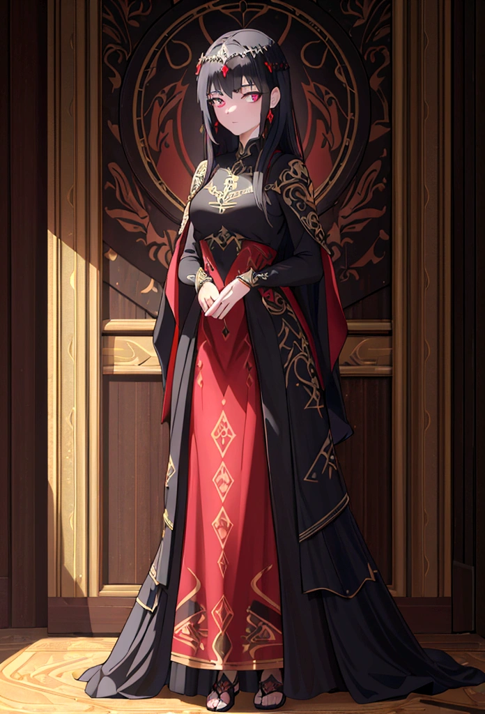 (best quality,4k,8k,highres,masterpiece:1.2),ultra-detailed,,1girl,glowing rune tattoos,red and black hair,princess knight pants gown dress,circlet,fantasy,