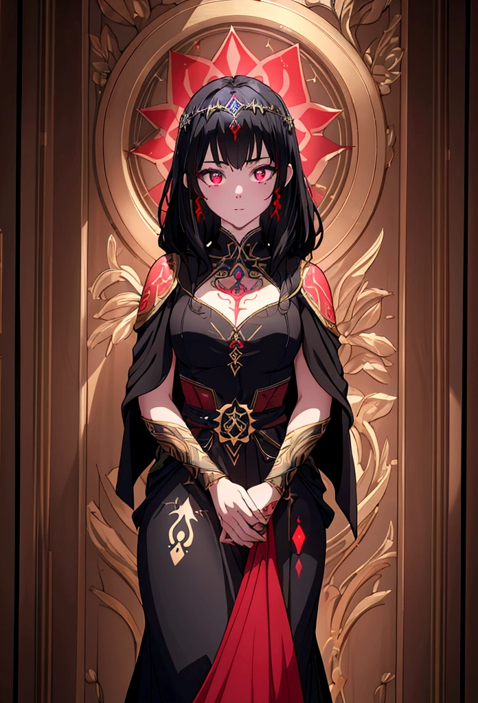 (best quality,4k,8k,highres,masterpiece:1.2),ultra-detailed,,1girl,glowing rune tattoos,red and black hair,princess knight pants gown dress,circlet,fantasy,