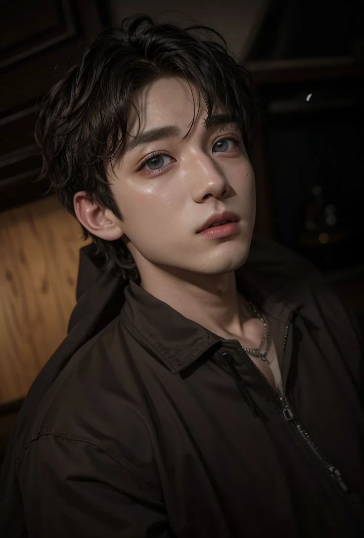 Bangchan man member of stray kids with amber eyes, and neck tattoos 