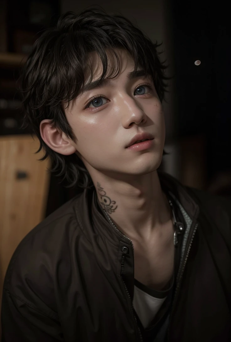 Bangchan man member of stray kids with amber eyes, and neck tattoos