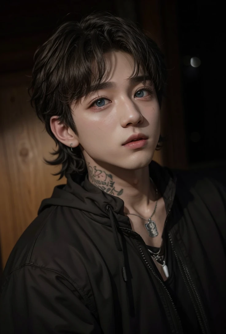 Bangchan man member of stray kids with amber eyes, and neck tattoos