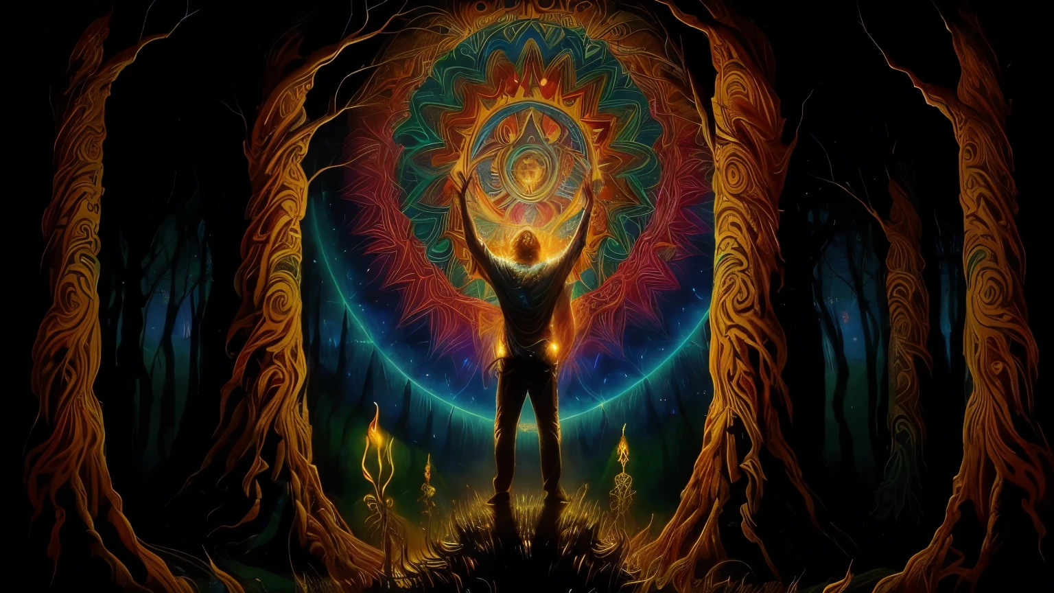 Create a woodcut style image digital art surreal art that depicts a mystical figure with divine characteristics,GOD,connected with the astral, symbolizing control and harmony with the universe. Use a vibrant color palette, including blue, oranges and whites, to create heavenly contrast and a stunning visual effect,The figure shows the frequency