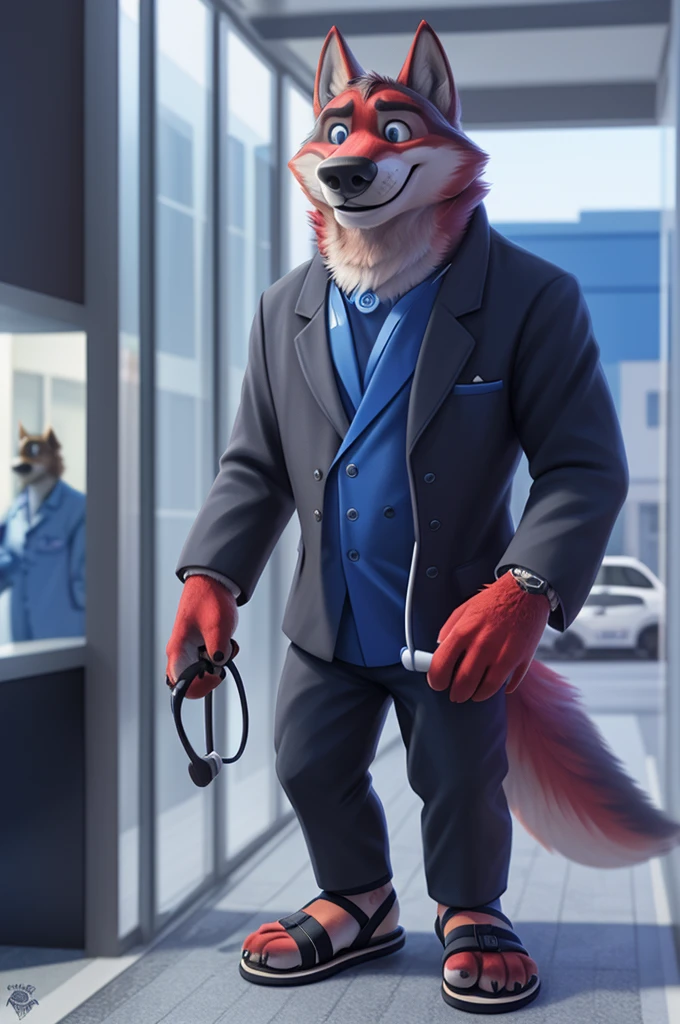 Ivan Fedorovich Wolfbach (Novosibirsk) ,tall handsome, wolf,young, 24 years, brown fur,Kind,(red body:1.3),beautiful blue eyes,Novosibirsk,dressed, medina stethoscope suit,sandals,Dr,most kind, canine, wolf, detailed fur, male, antro, paw pads, finger claws,at viewer, 5 fingers, paws, 5 fingers, smile, wrist watch, т nextel,by xenoforge, (difficult, high detail, digital photography, soft focus, RAW species палаты ,very close to the camera, species,Novosibirsk, smile, a good mood, positive, very close to the camera,on the street, stethoscope, in the neck,coming,Doctor, sandals,
Photorealism, realistic, photorealistic, digital style, Subsurface scattering,Looking at the viewer,
masterpiece, Best quality, ultra realistic, 8 k)