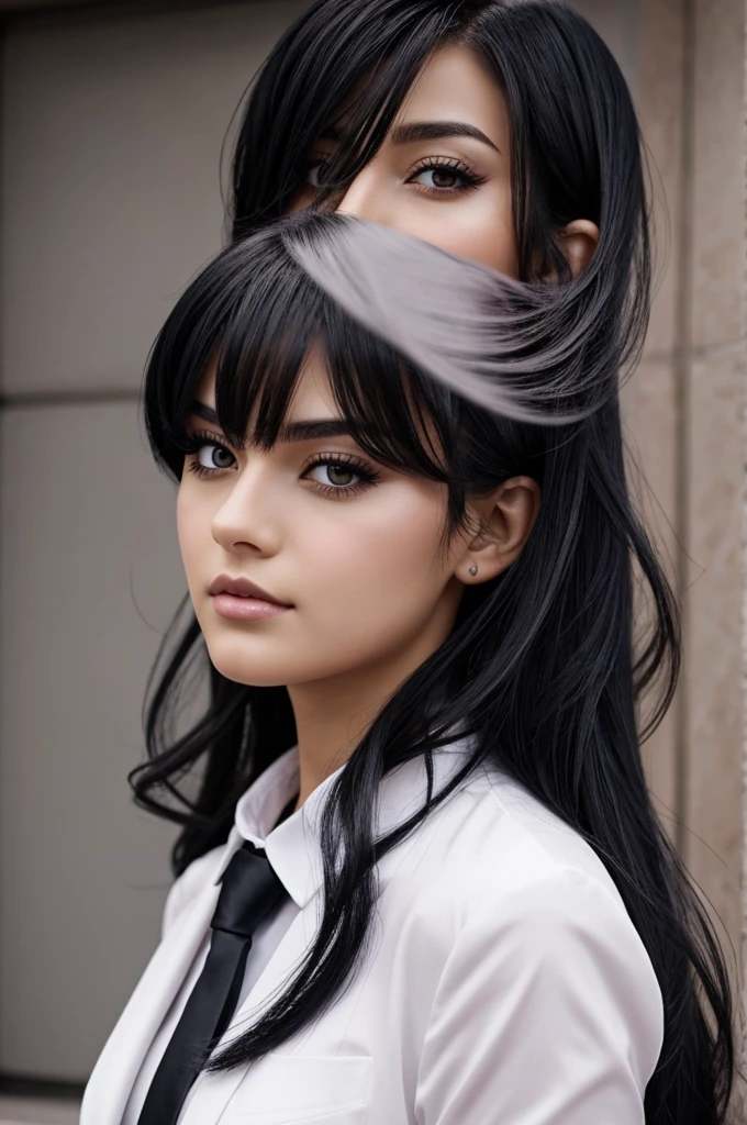 adulto joven estilo anime dark de cabello blanco corto usando un traje negro con ojos rosas