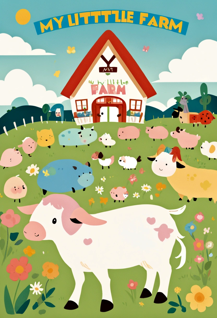 Children's poster with soft and pastel colors featuring the text "My Happy Little Farm"