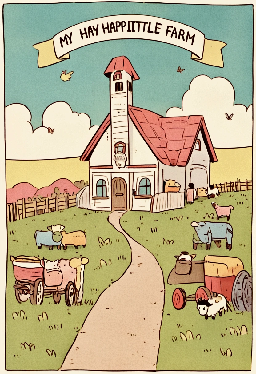 Children's poster with soft and pastel colors featuring the text "My Happy Little Farm"