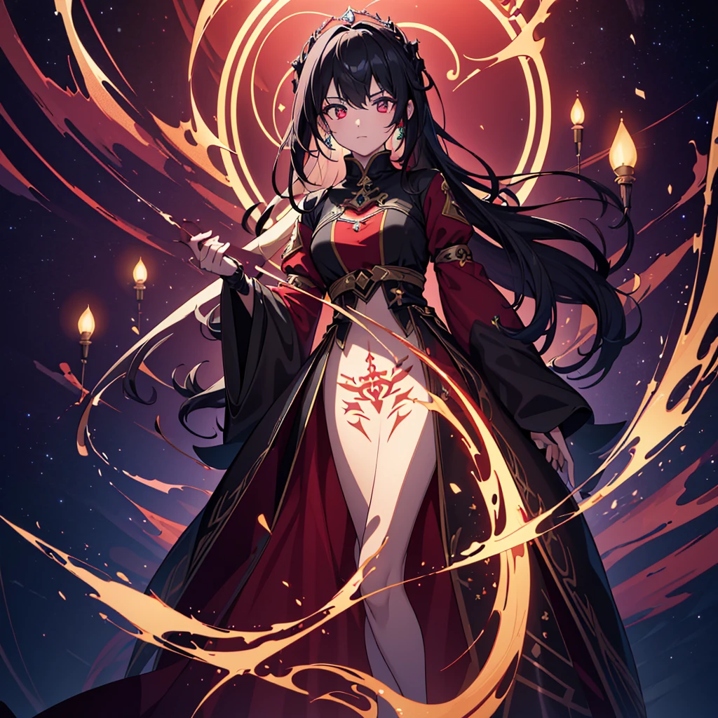 (best quality,4k,8k,highres,masterpiece:1.2),ultra-detailed,,1girl,glowing rune tattoos,red and black hair,princess knight pants gown dress,circlet,fantasy,