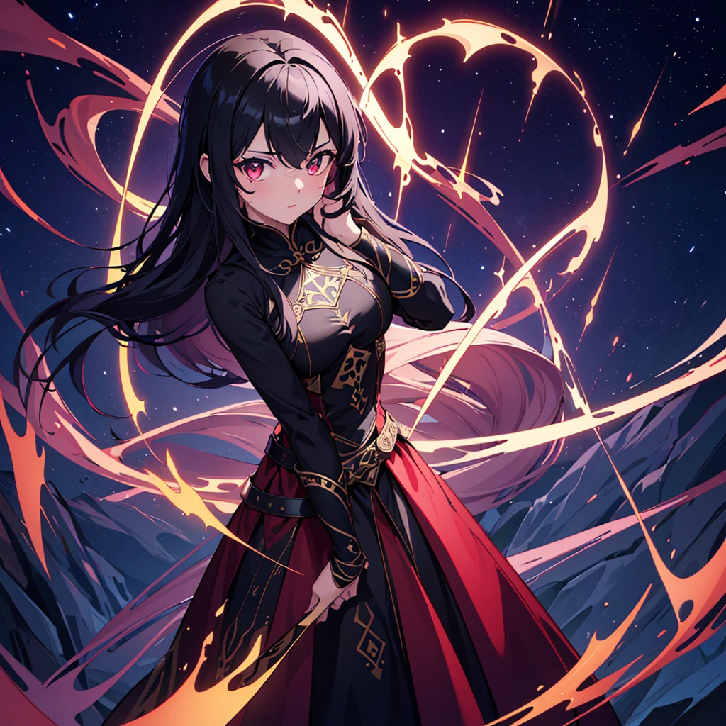 (best quality,4k,8k,highres,masterpiece:1.2),ultra-detailed,,1girl,glowing rune tattoos,red and black hair,princess knight pants gown dress,circlet,fantasy,