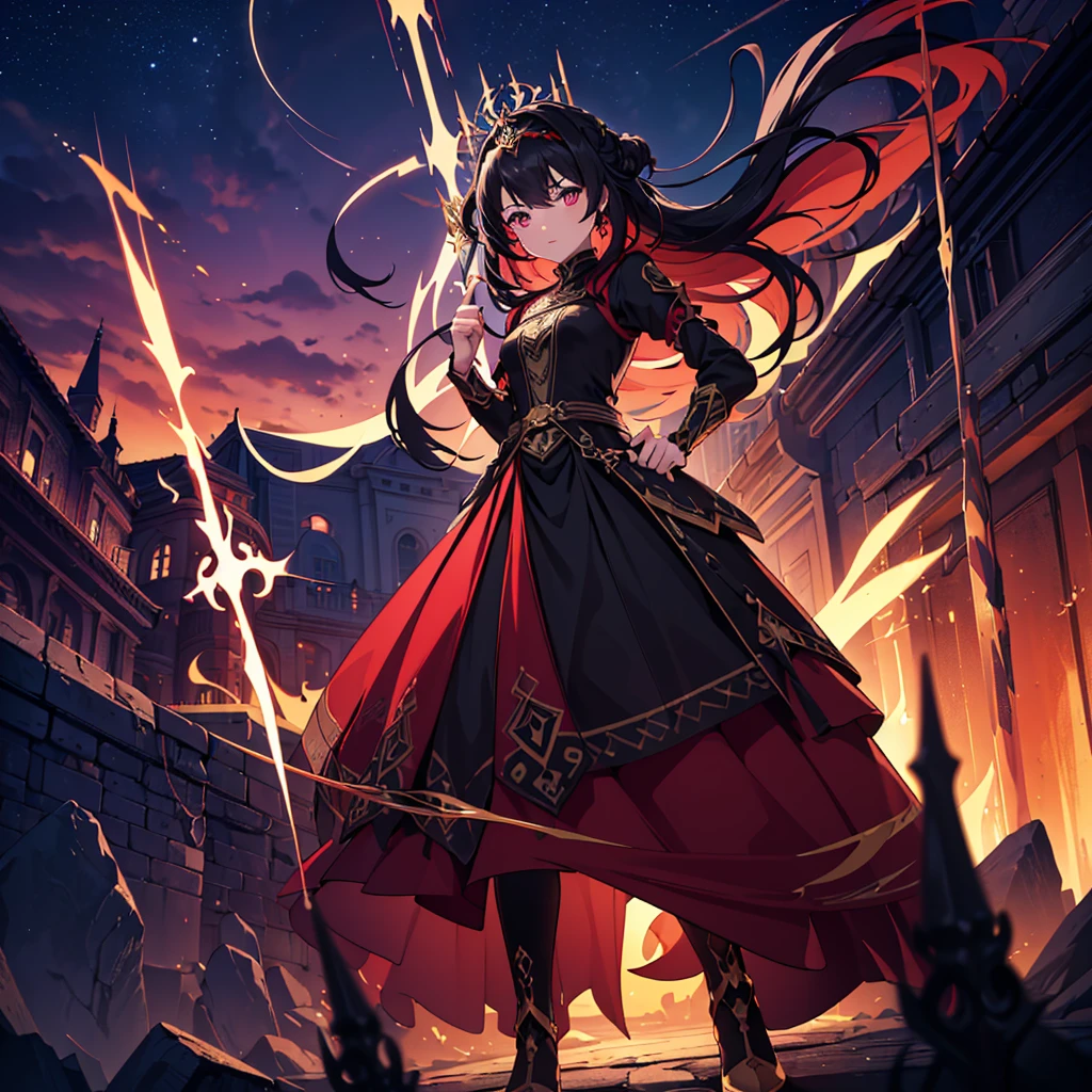 (best quality,4k,8k,highres,masterpiece:1.2),ultra-detailed,,1girl,glowing rune tattoos,red and black hair,princess knight pants gown dress,circlet,fantasy,