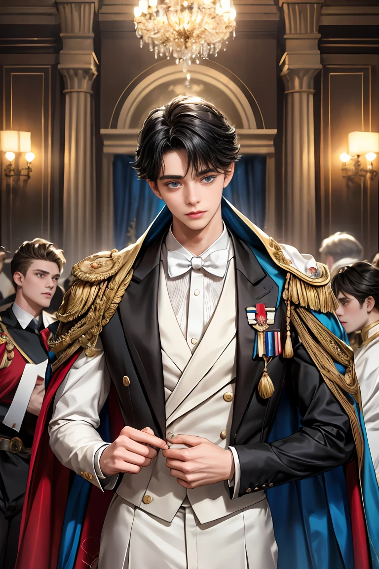 
masterpiece, 最high quality, high quality, 1 boy, alone, Male focus, Watching the audience,  Messy black hair, Adorable big blue eyes, White people, Noble, Noble,Sexy voluminous cape、Tuxedo、A very voluminous, large, very large, very large, long, long red and black cape with a high stand-up collar, reaching down to the floor, made of a lot of fabric., 17 years old,Cute beautiful boys,Cute, cute, kind, handsome guy