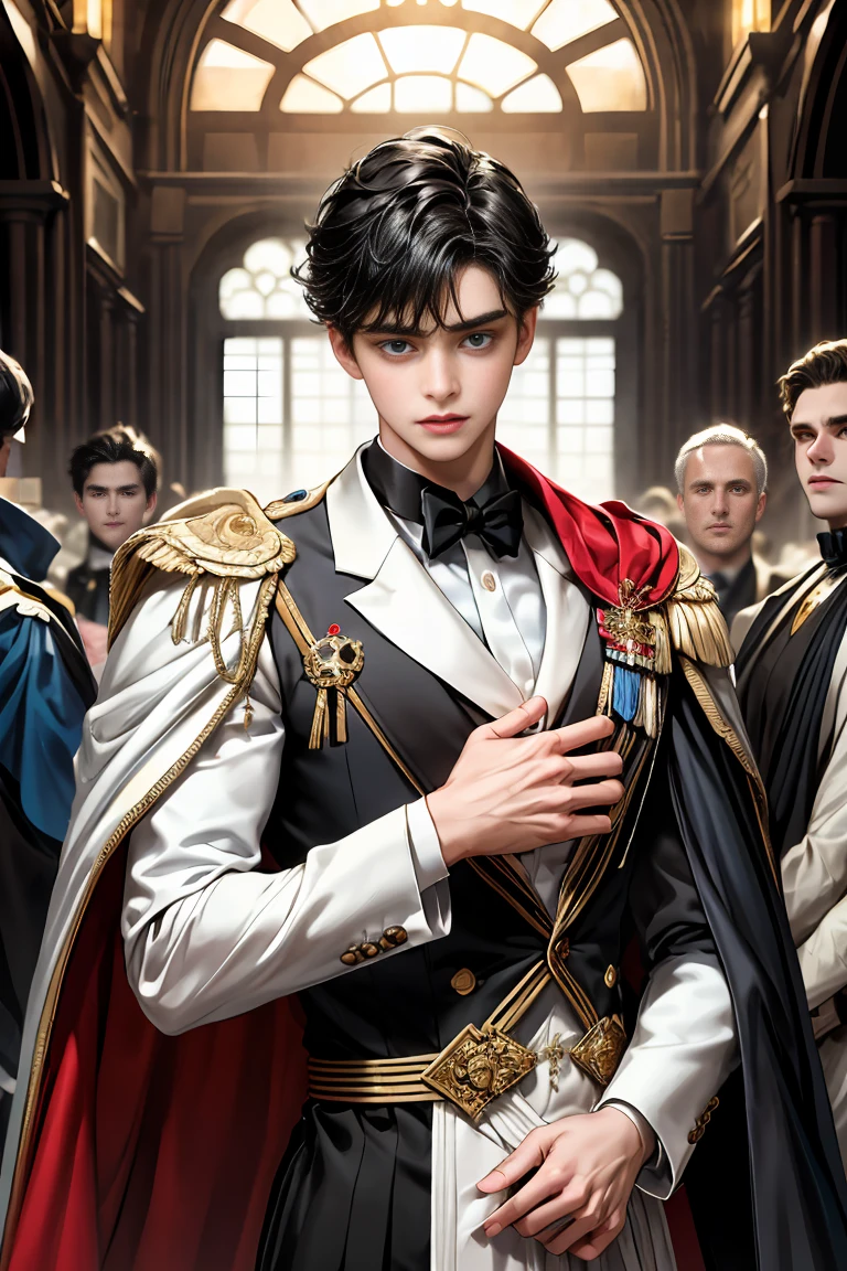 
masterpiece, 最high quality, high quality, 1 boy, alone, Male focus, Watching the audience,  Messy black hair, Adorable big blue eyes, White people, Noble, Noble,Sexy voluminous cape、Tuxedo、A very voluminous, large, very large, very large, long, long red and black cape with a high stand-up collar, reaching down to the floor, made of a lot of fabric., 17 years old,Cute beautiful boys,Cute, cute, kind, handsome guy