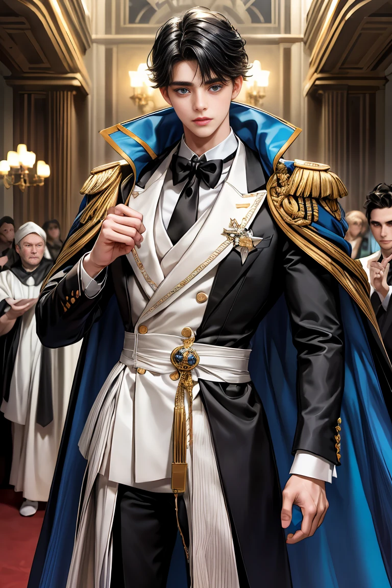 masterpiece, 最high quality, high quality, 1 boy, alone, Male focus, Watching the audience, Messy black hair, Adorable big blue eyes, White people, Noble, Noble,Sexy voluminous cape、Tuxedo、A very voluminous, large, very large, very large, long, long red and black cape with a high stand-up collar, reaching down to the floor, made of a lot of fabric., 17 years old,Cute beautiful boys,Cute, cute, kind, handsome guy
