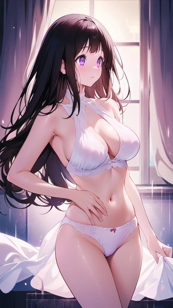 Beautiful Chitanda，只有一个beautiful girl，Purple Eyes, Black Hair, Natural straight hair, Straight bangs，Extremely refined，open your lips，Face is so red，Very white skin，Skin as delicate as porcelain，Glowing skin，big eyes，Flowing long hair，beautiful girl, Like a dream，Slim，Slim waist，Soft, (Sensual), (Kawaii), Dream quality，In figure skating，Sweaty and sweaty，Profile，Side breasts，Lower breasts，Underwear Rain，（Completely naked），Gluteal groove，Completely naked的背部，nacked hip，Bare belly，very close，Deep V neckline，Loose neckline，Beautiful big breasts，No pants，Delicate clavicle，Delicate hands and feet，Bare neck，There is no decoration on the neck，Bare thighs，Exposing the groin，Camel toe，extremely shy，Ultra-high resolution, (masterpiece:1.2, best quality), (Delicate and beautiful eyes: 1.2), (Beautiful and delicate face)