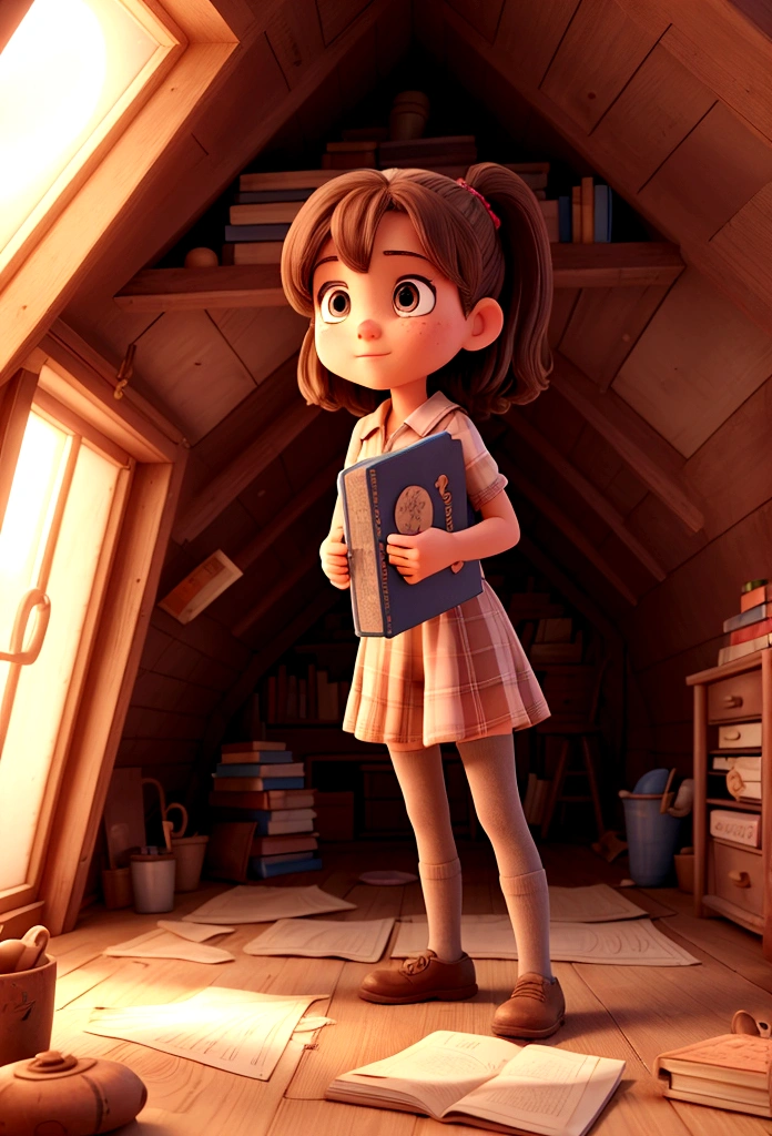 girl exploring in an attic and finds a dusty book